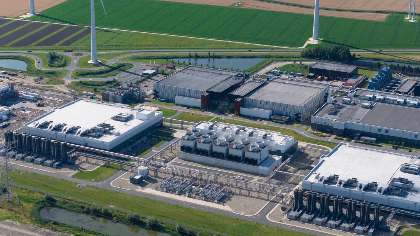 new build data center, computing center in Eemshaven, Groningen, The Netherlands. hyperscaler. Aerial video